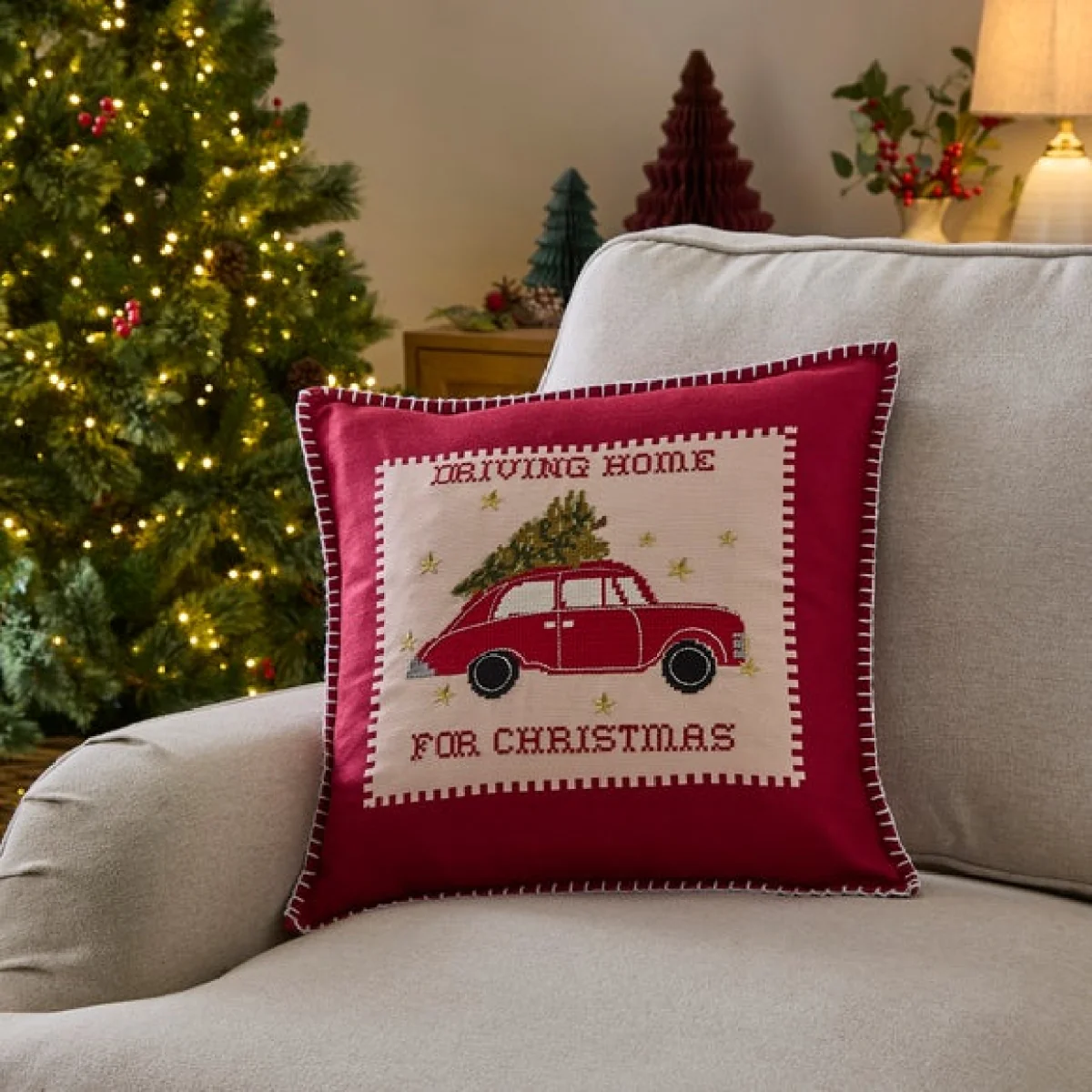 Embroidered Driving Home for Christmas Cushion – image 2