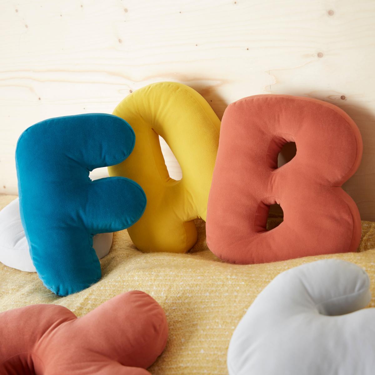 Personalised Alphabet Cushion Blue/Yellow/Brown – image 4