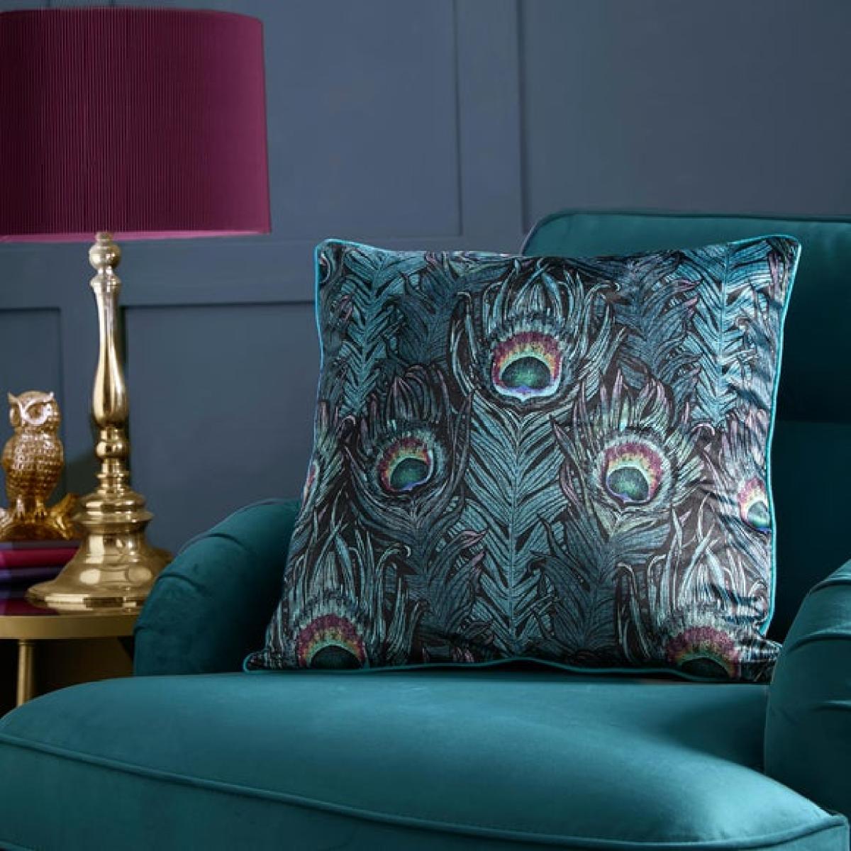 Laurence Llewelyn-Bowen Dandy Peacock Jacquard Square Filled Cushion – image 1