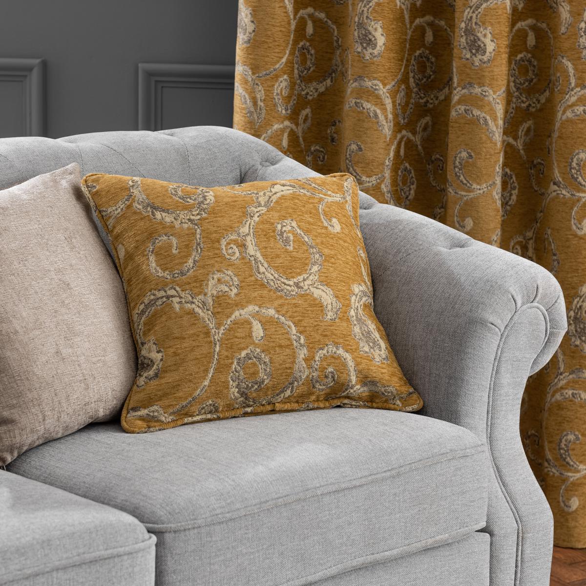 Chenille Scroll Cushion Ochre – image 5