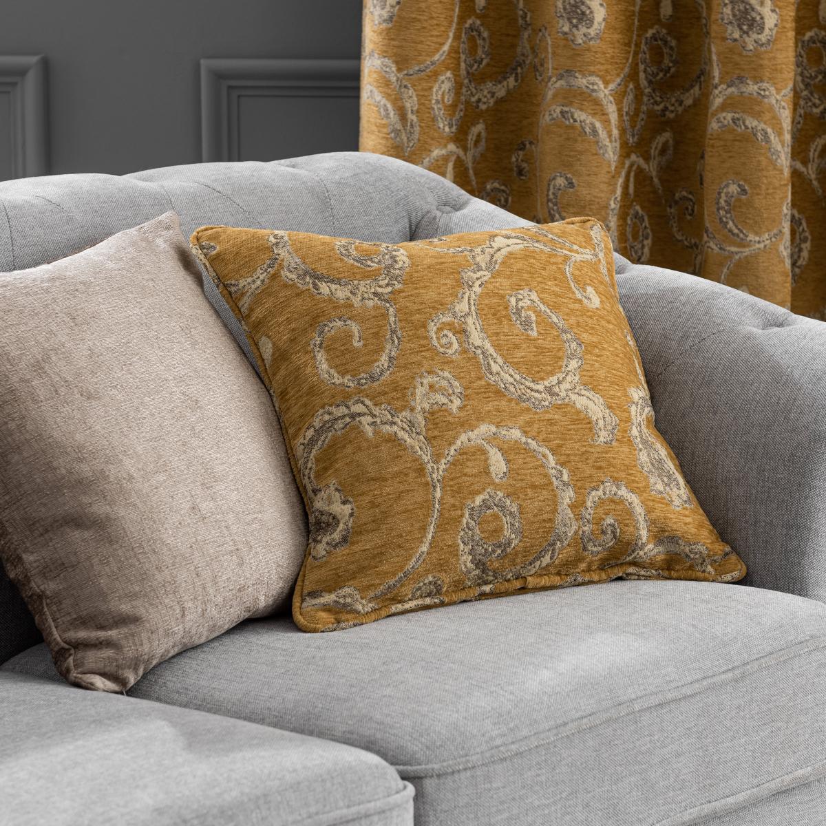 Chenille Scroll Cushion Ochre – image 6
