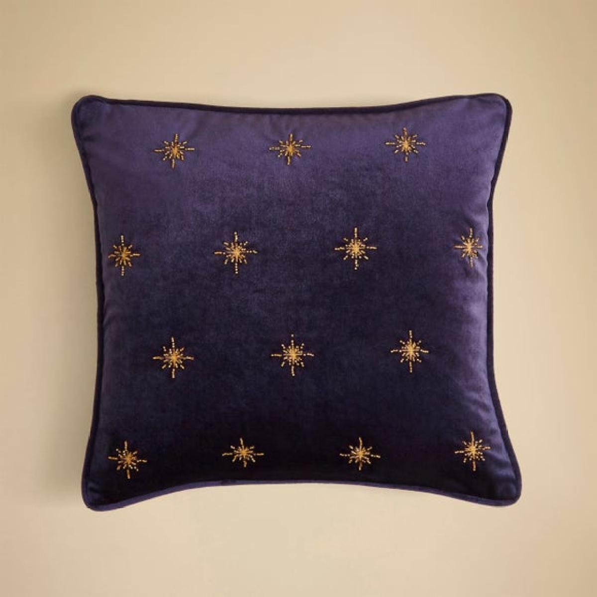 Purple Crushed Velvet Embroidered Stars Square Cushion – image 2