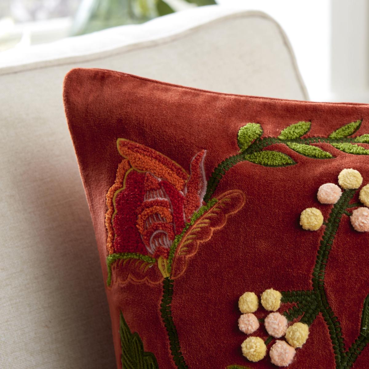 Embroidered Floral Velvet Cushion Orange – image 2