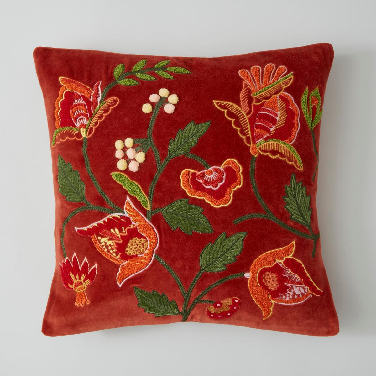 Embroidered Floral Velvet Cushion Orange – image 3