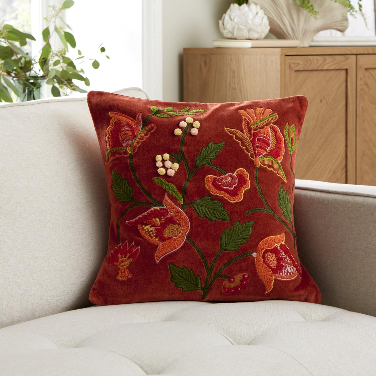 Embroidered Floral Velvet Cushion Orange – image 1