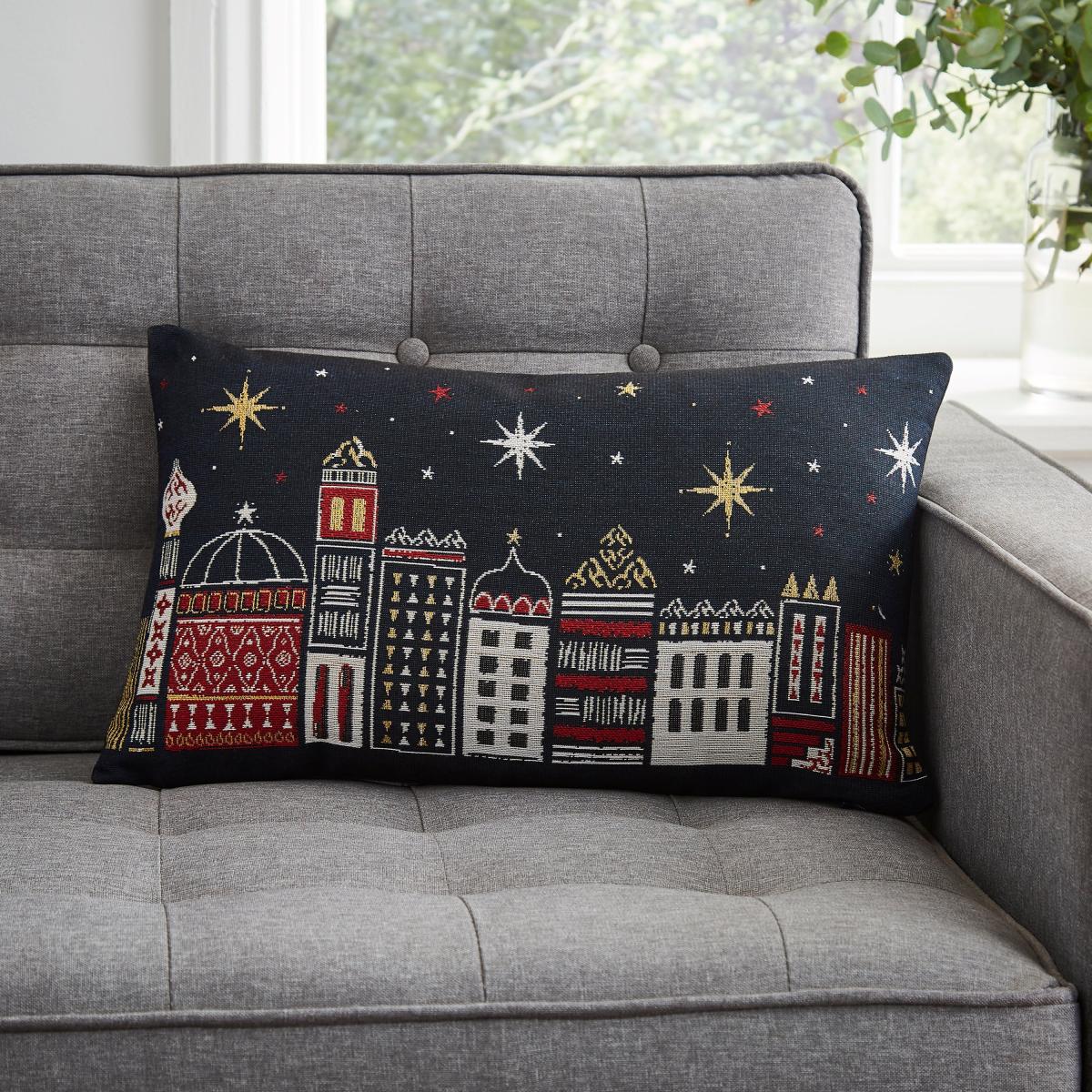 Festive Traveller Houses Tapestry Cushion MultiColoured – image 1