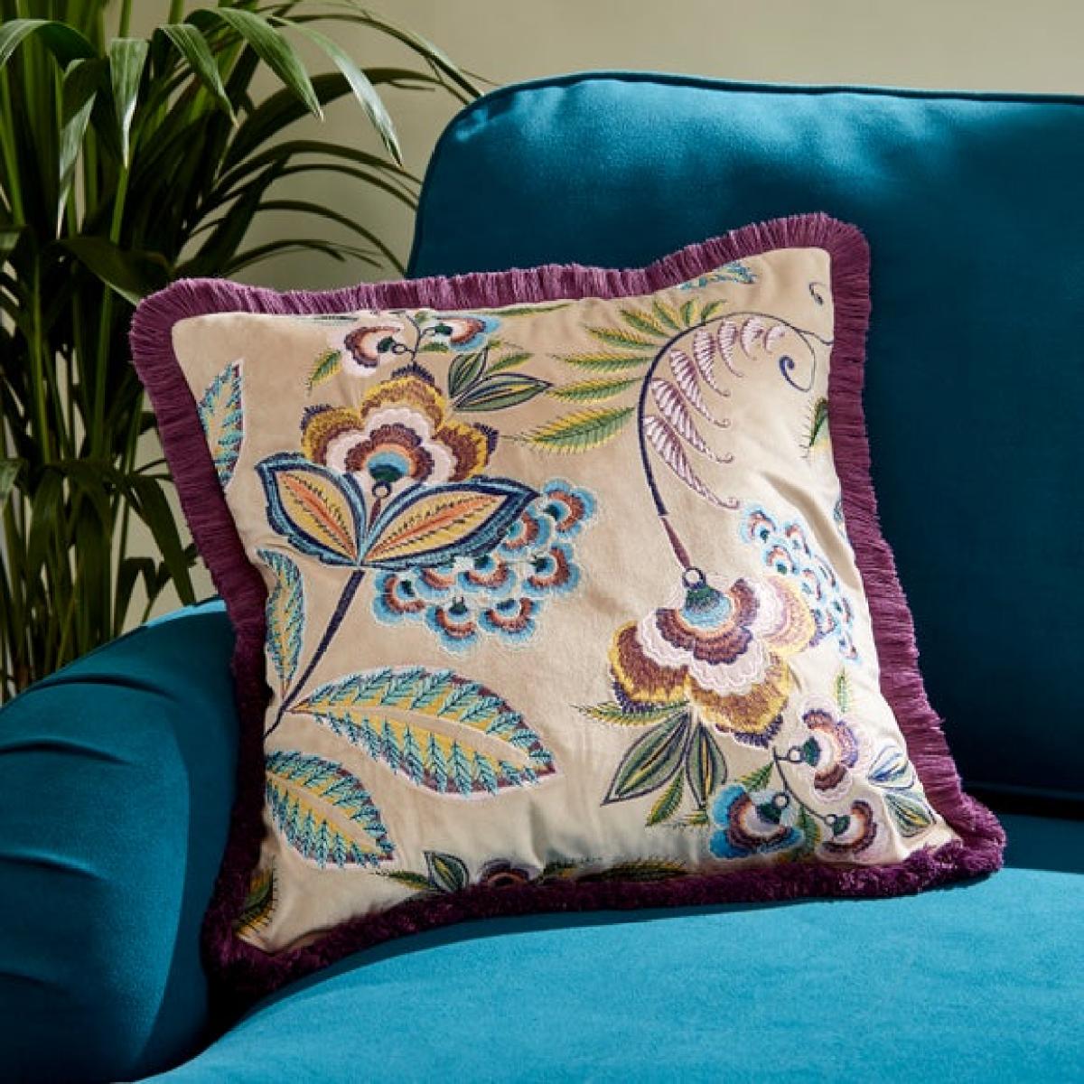 Lucinda Embriodered Fringed Square Cushion – image 1