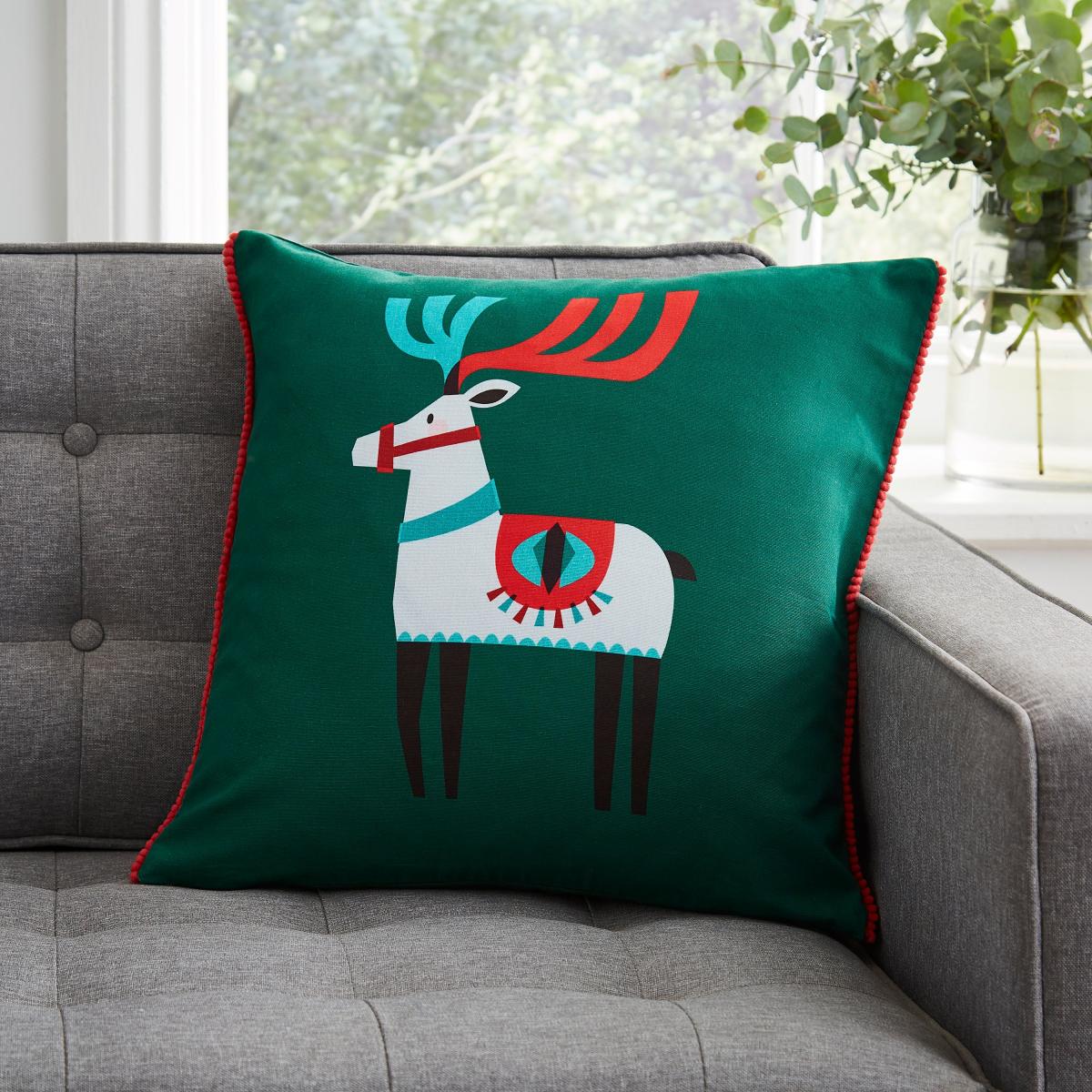 Printed Reindeer Cushion MultiColoured – image 1