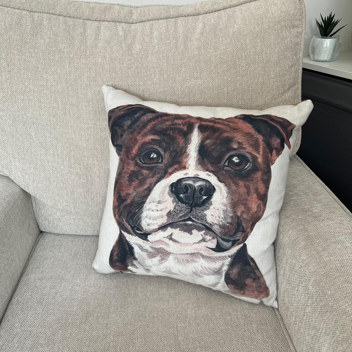 Christine Varley Staffordshire Bull Terrier Square Cushion Brown – image 1
