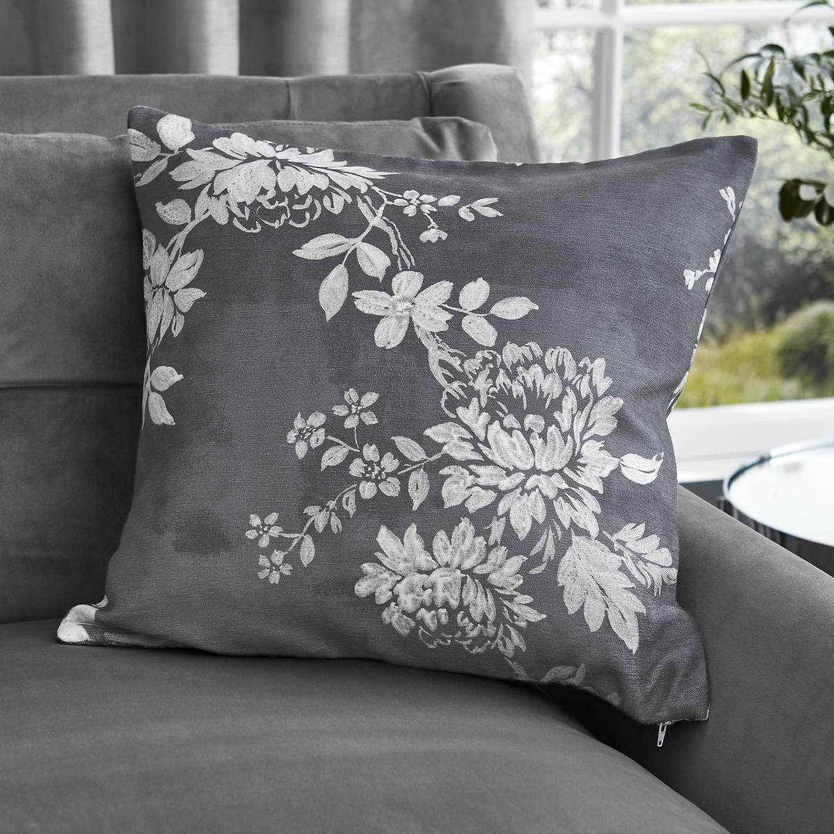 Cascade Floral Chenille Cushion Grey/White – image 1