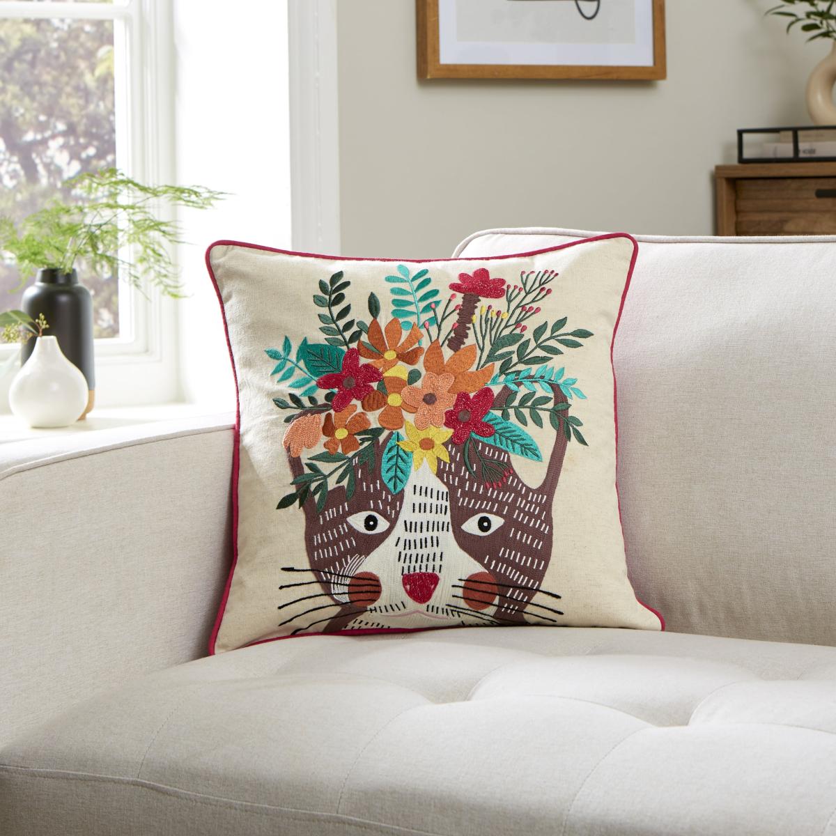 Cat Embroidered Cushion MultiColoured – image 1