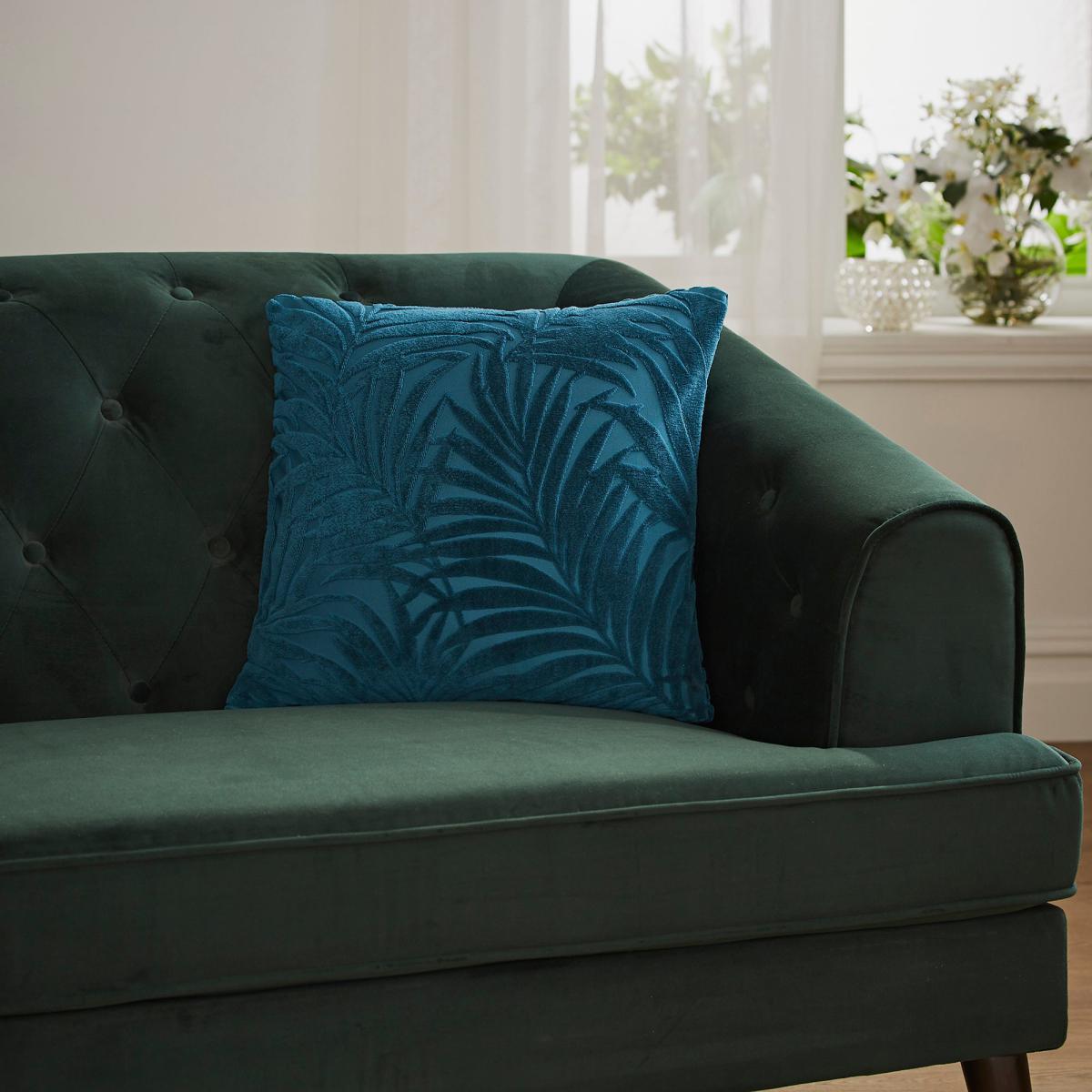 Palm Leaf Teal Cut Velvet Cushion Teal Blue – image 5