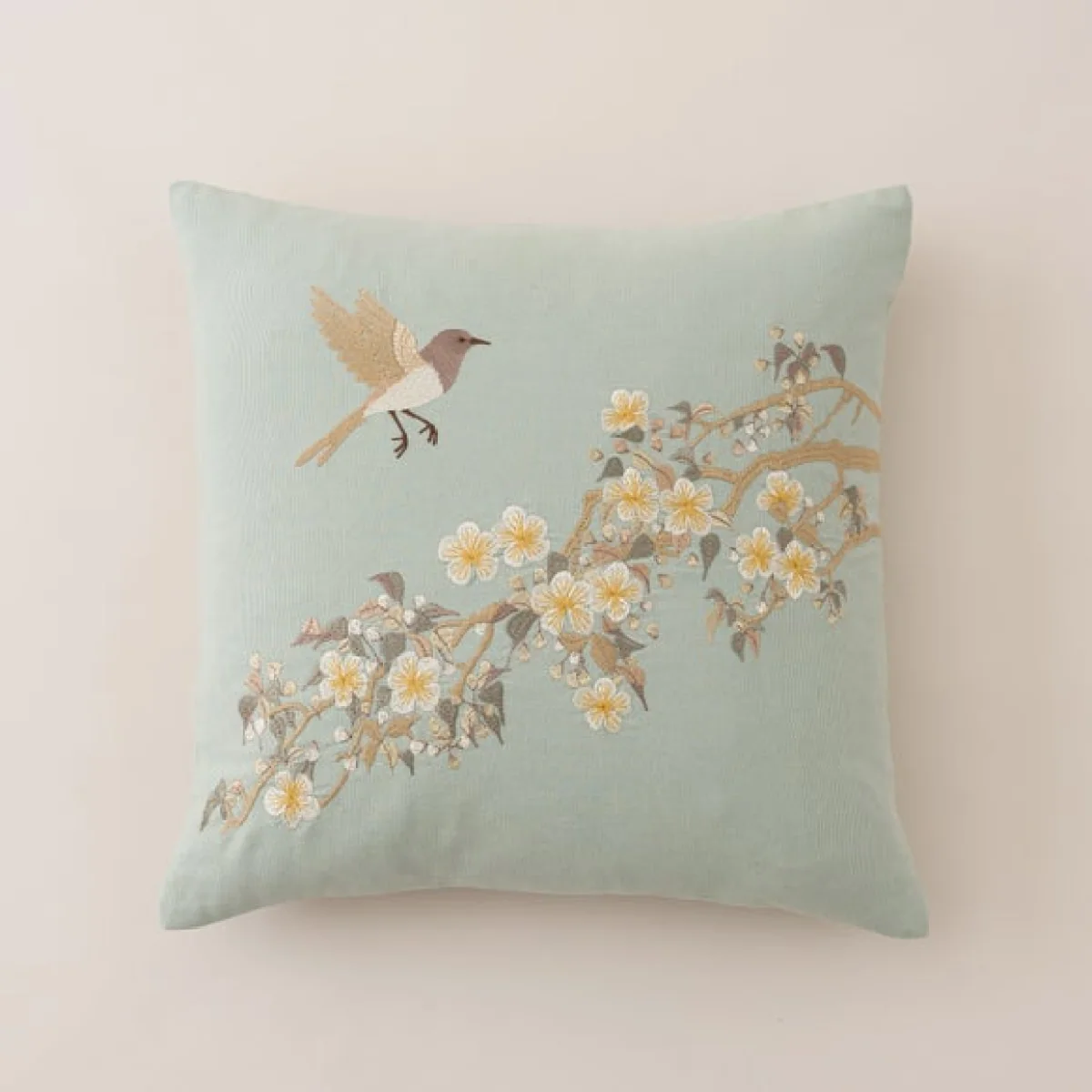 Embroidered Sparrow Cotton Square Cushion – image 3