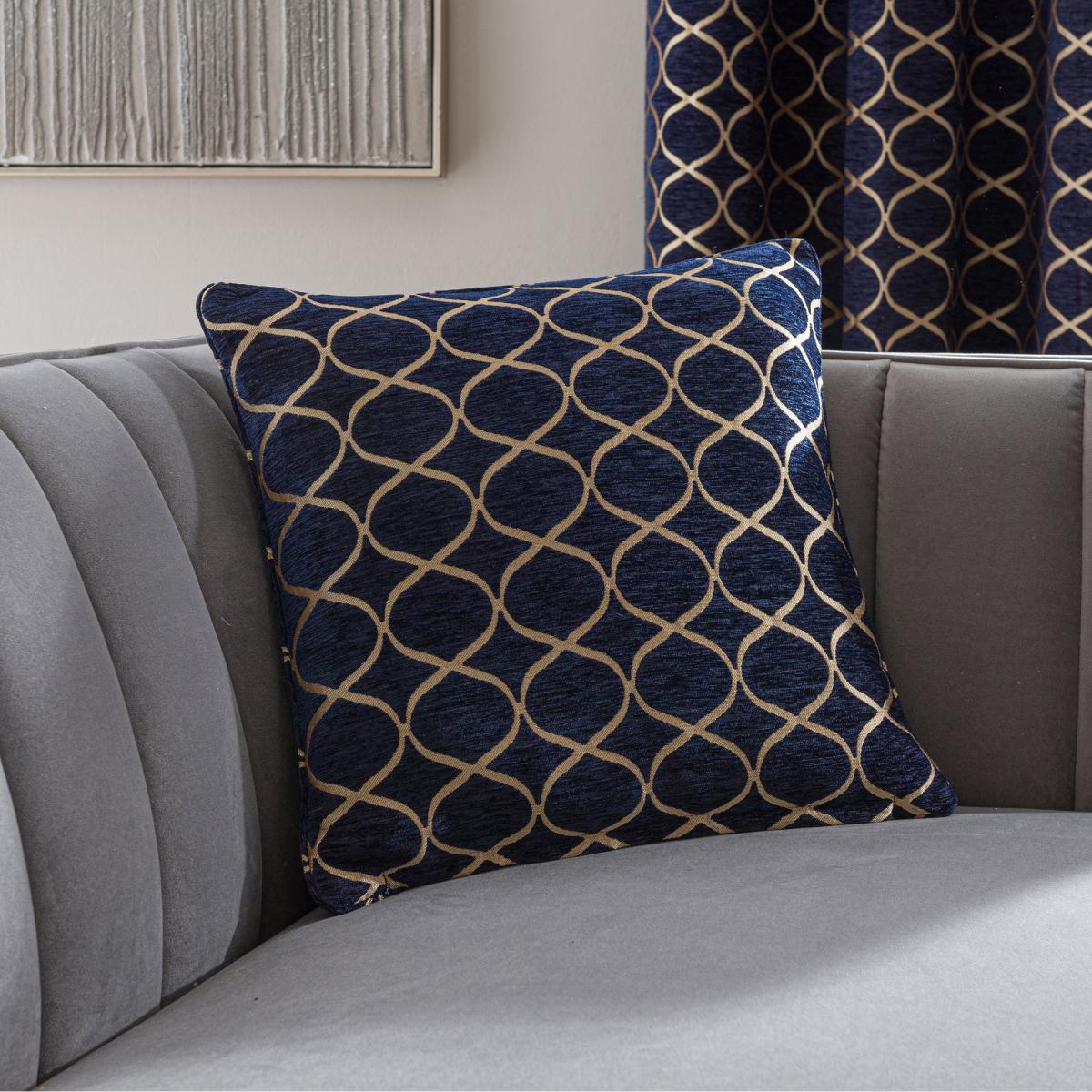 Ogee Chenille Cushion Navy Blue/Beige – image 1