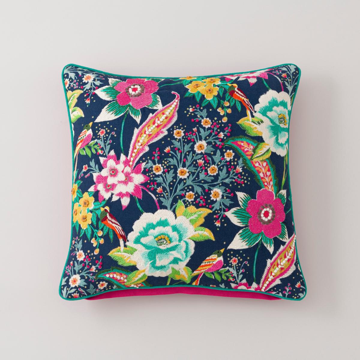 Jasmine Embroidered Floral Cushion Navy (Blue) – image 2