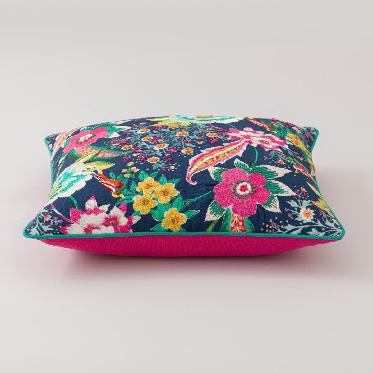 Jasmine Embroidered Floral Cushion Navy (Blue) – image 4