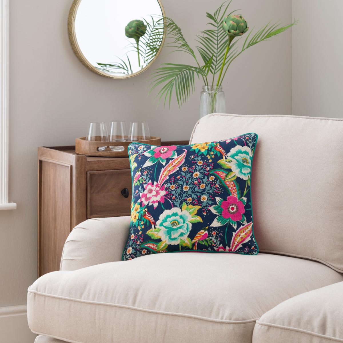 Jasmine Embroidered Floral Cushion Navy (Blue) – image 1