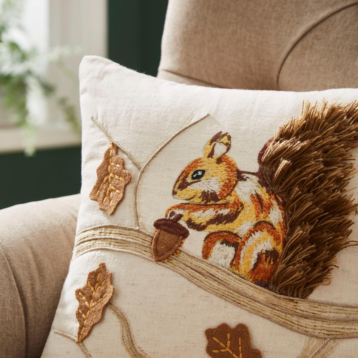 Embroidered Squirrel Cushion, 30x30cm MultiColoured – image 2