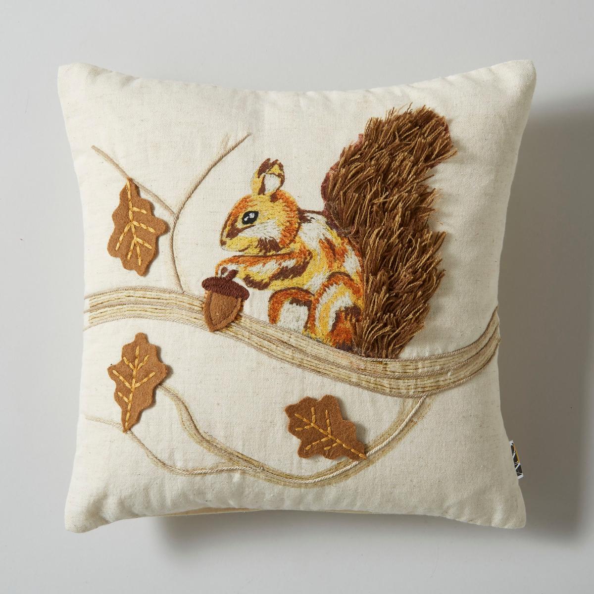 Embroidered Squirrel Cushion, 30x30cm MultiColoured – image 3