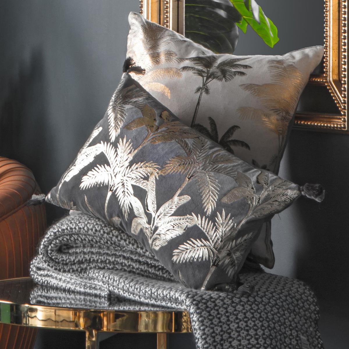 Palm Tassel Velvet Cushion Grey – image 2