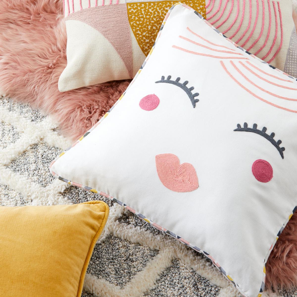 Elements Lady Face Embroidered Cushion Pink, Yellow and White – image 4