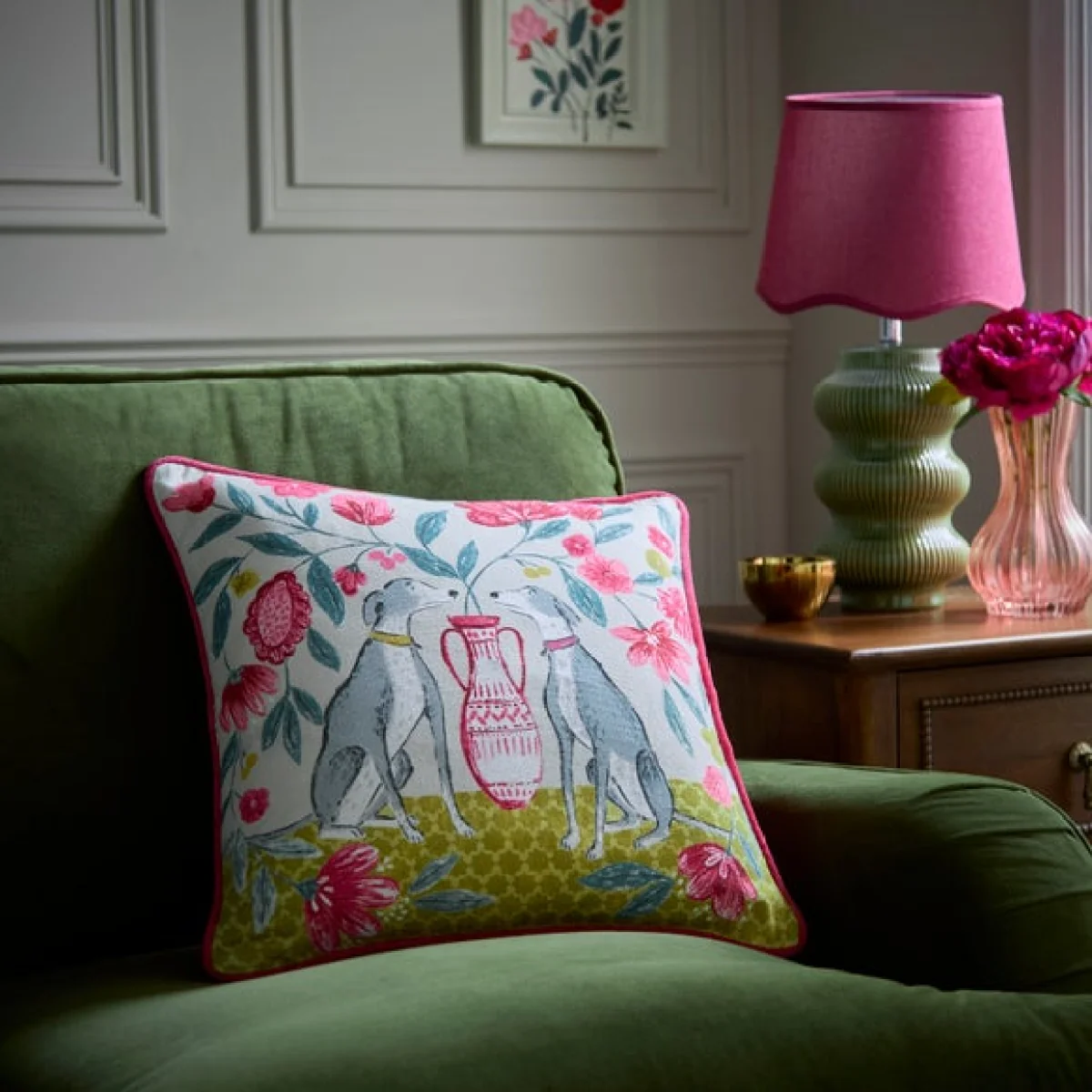 Floral Dogs Cotton Square Cushion – image 1