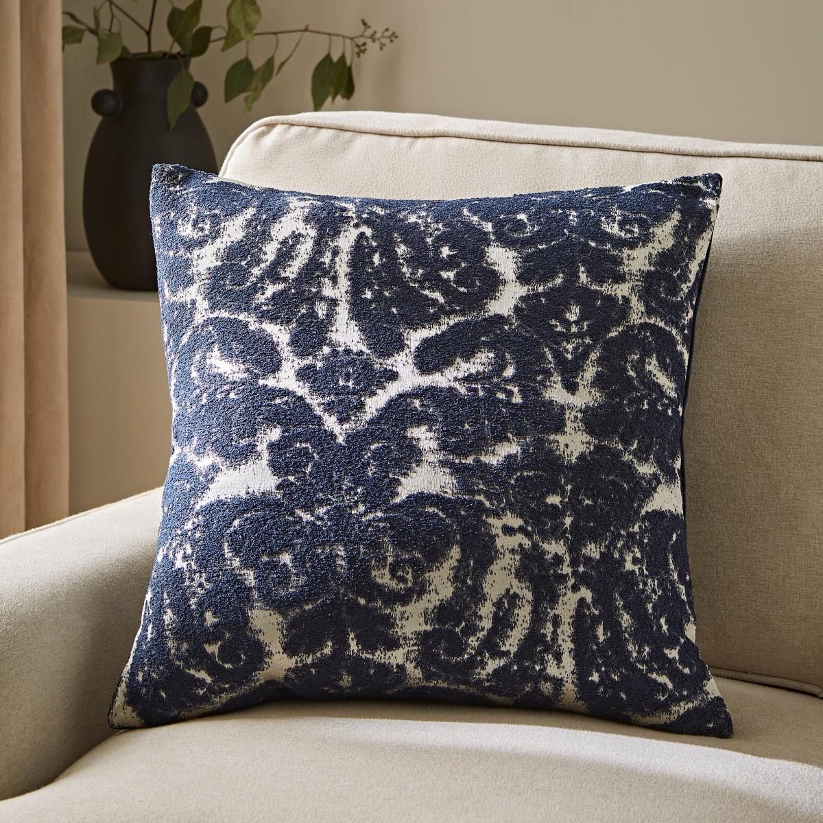 Distressed Damask Square Cushion Navy (Blue) – image 1