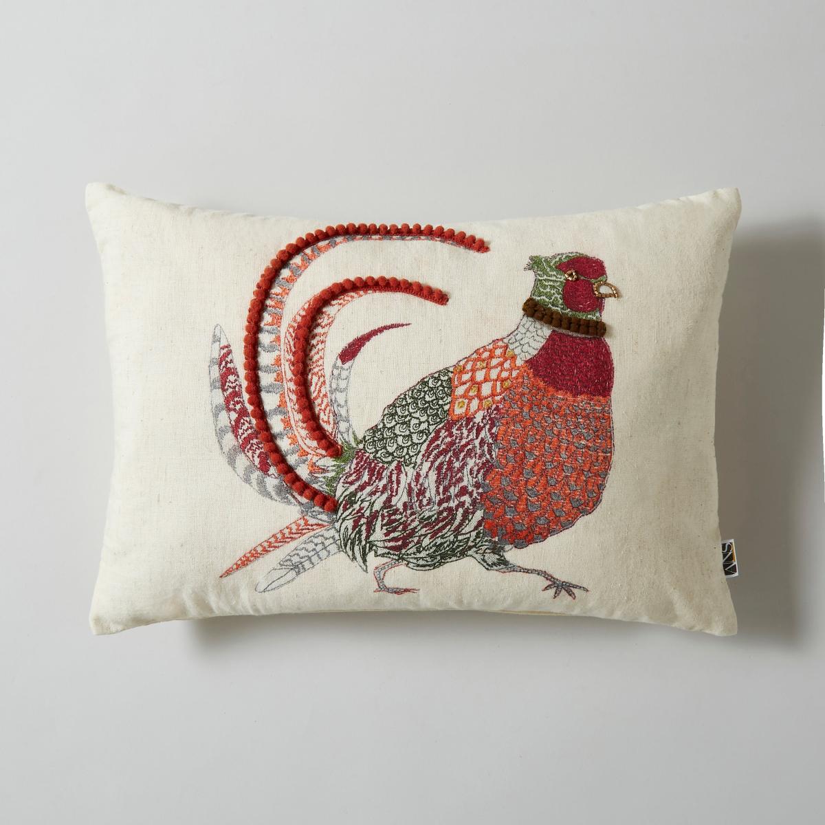 Embroidered Pheasant Cushion, 30x50cm MultiColoured – image 3