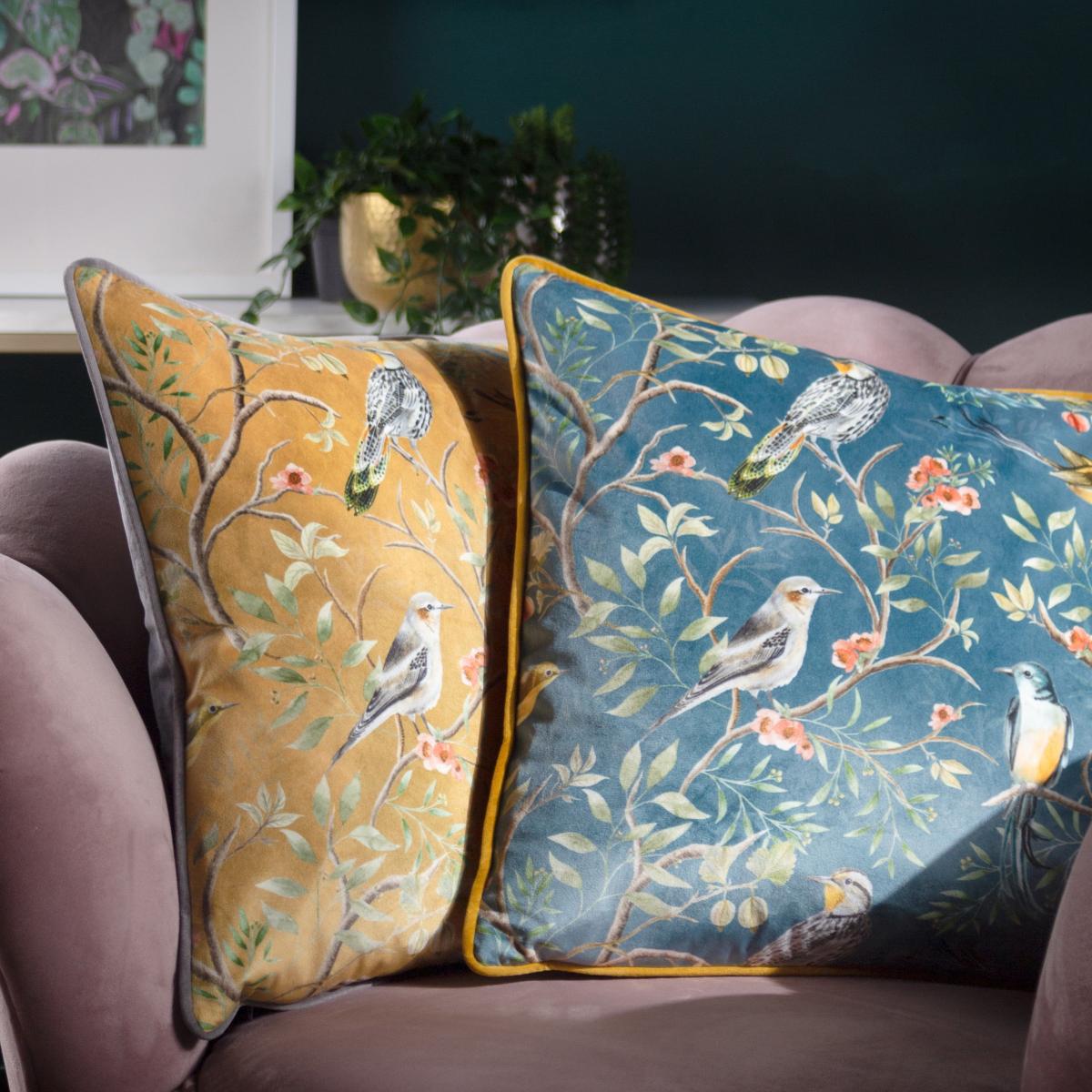 Orient Chinoiserie Birds Cushion Slate Blue – image 3