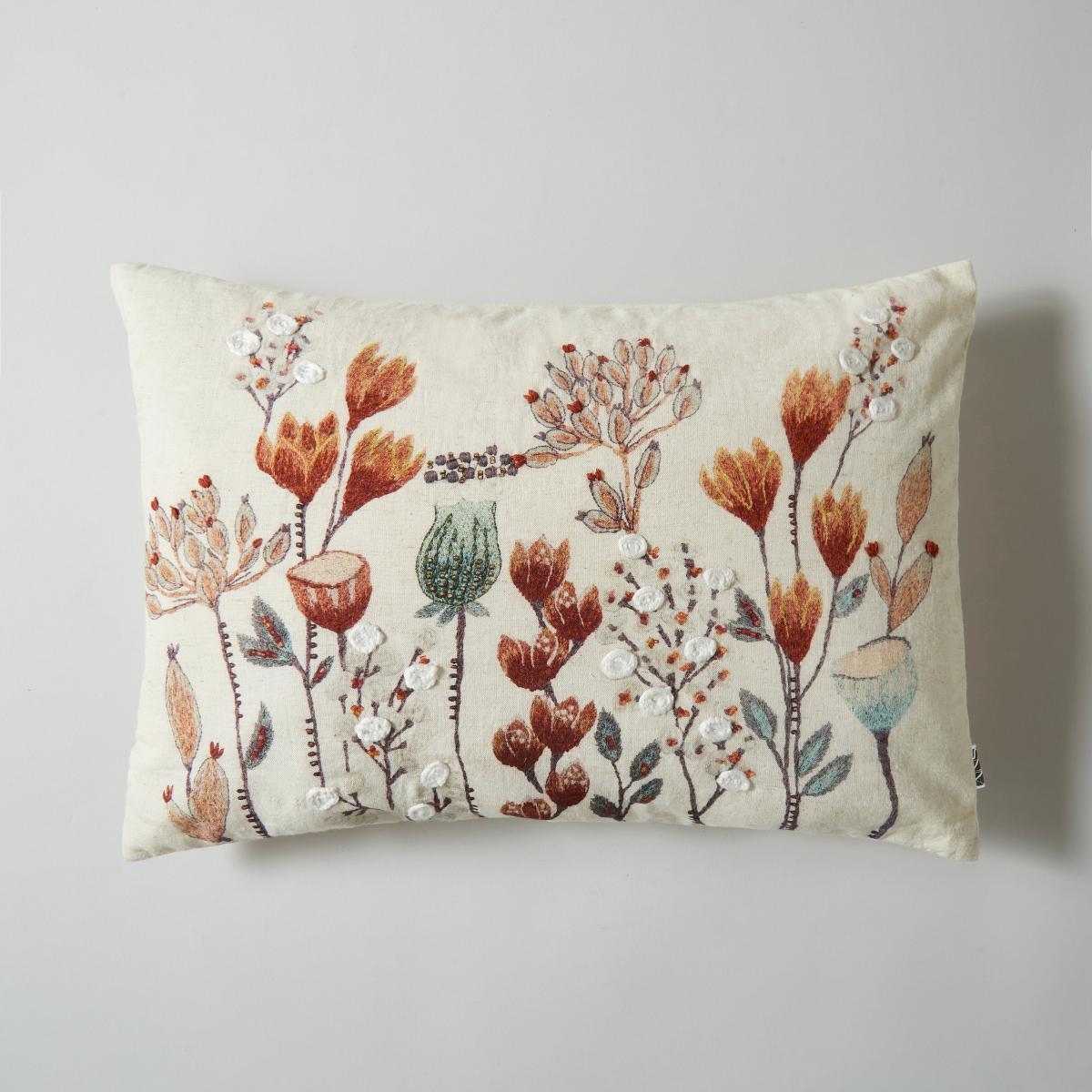 Embroidered Leaf Cushion, 30x50cm MultiColoured – image 3