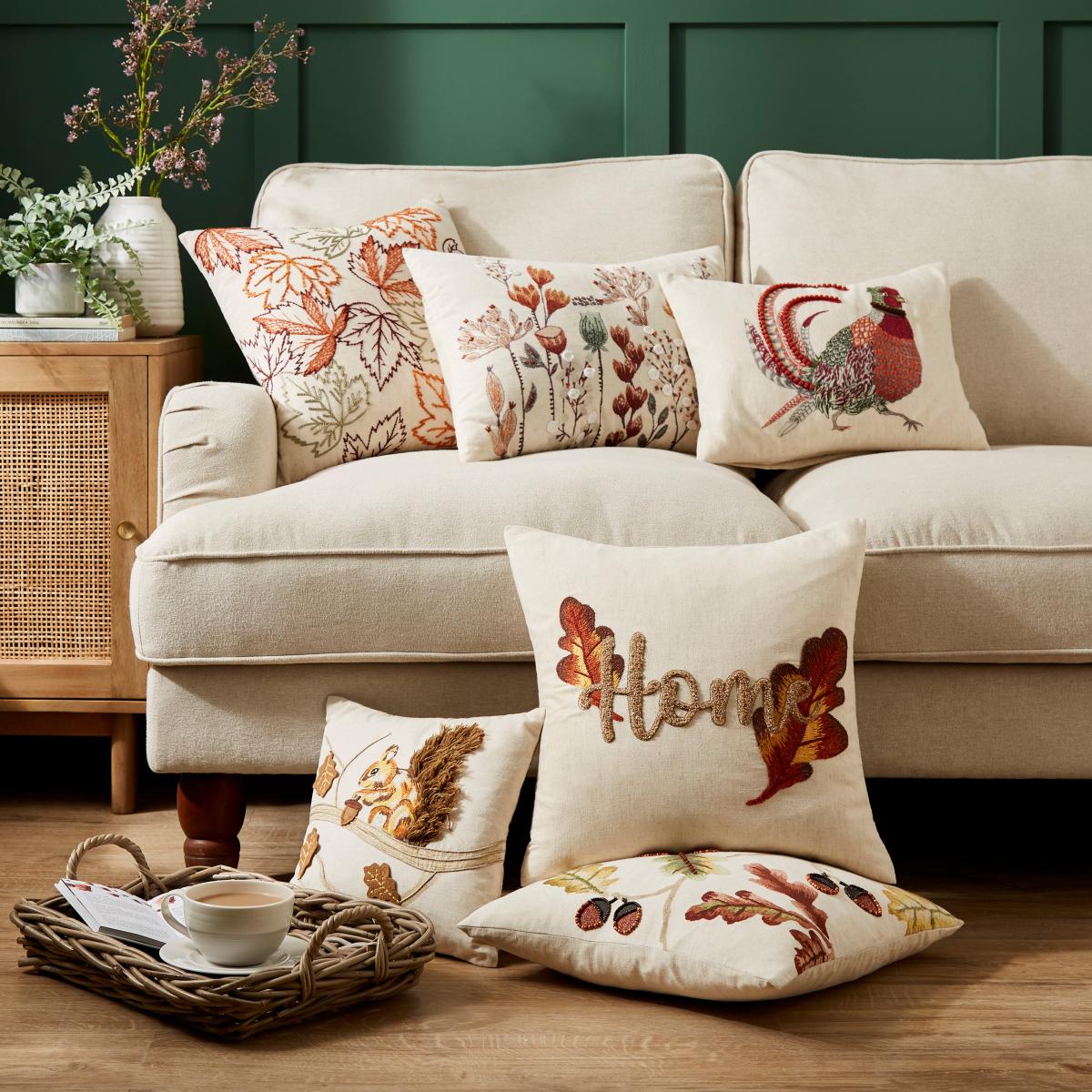 Embroidered Leaf Cushion, 30x50cm MultiColoured – image 7