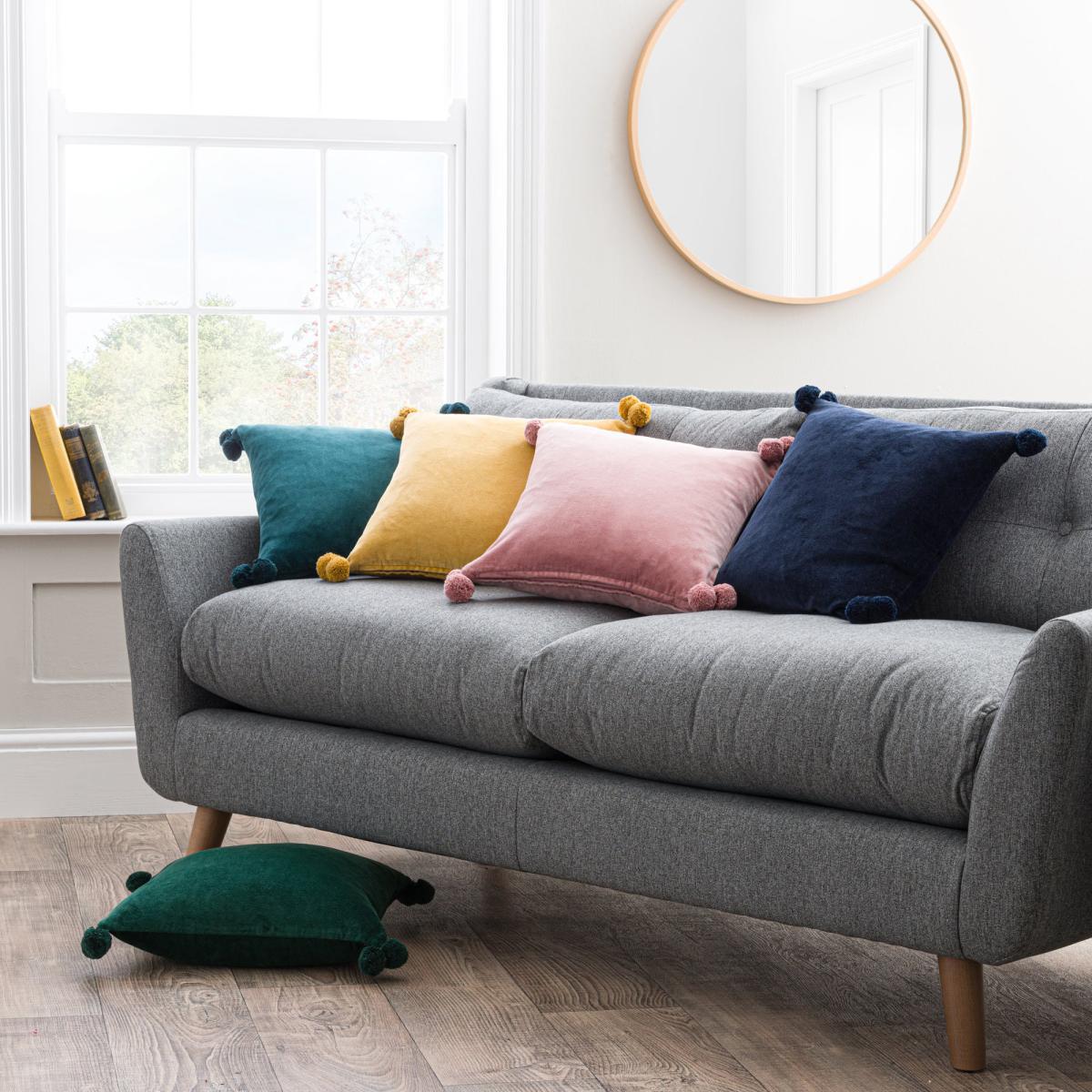 Clara Velvet Square Pom Pom Cushion Green – image 3