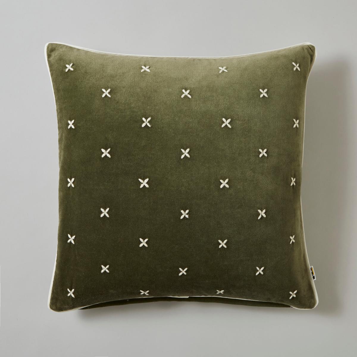 Cross Stitch Cotton Velvet Square Cushion Olive – image 3