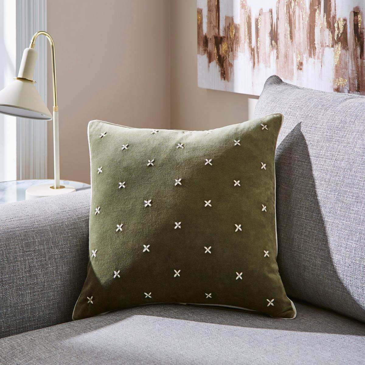 Cross Stitch Cotton Velvet Square Cushion Olive – image 1