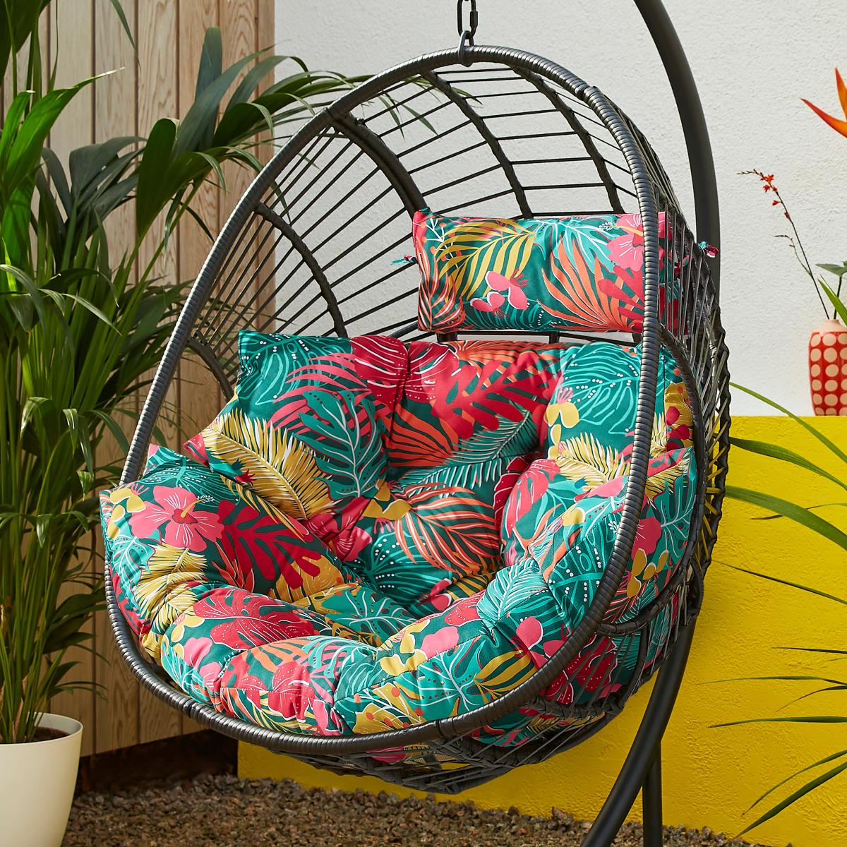 Black Egg Chair with Tropical Cushion Green – image 2