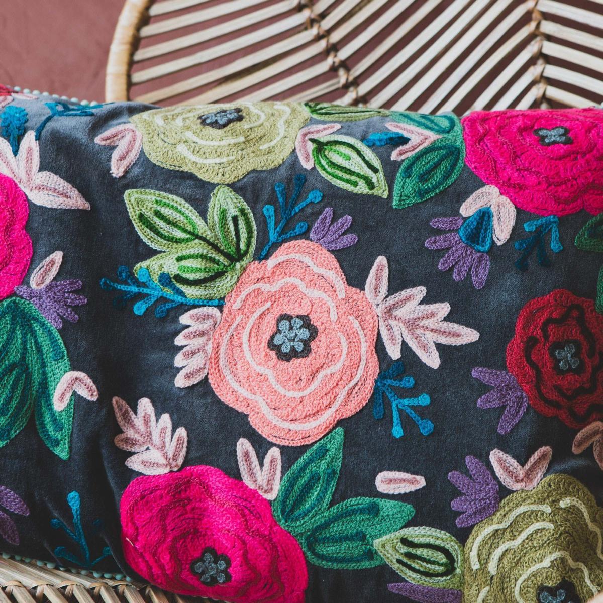 Rectangular Floral Embroidered Velvet Cushion – image 2