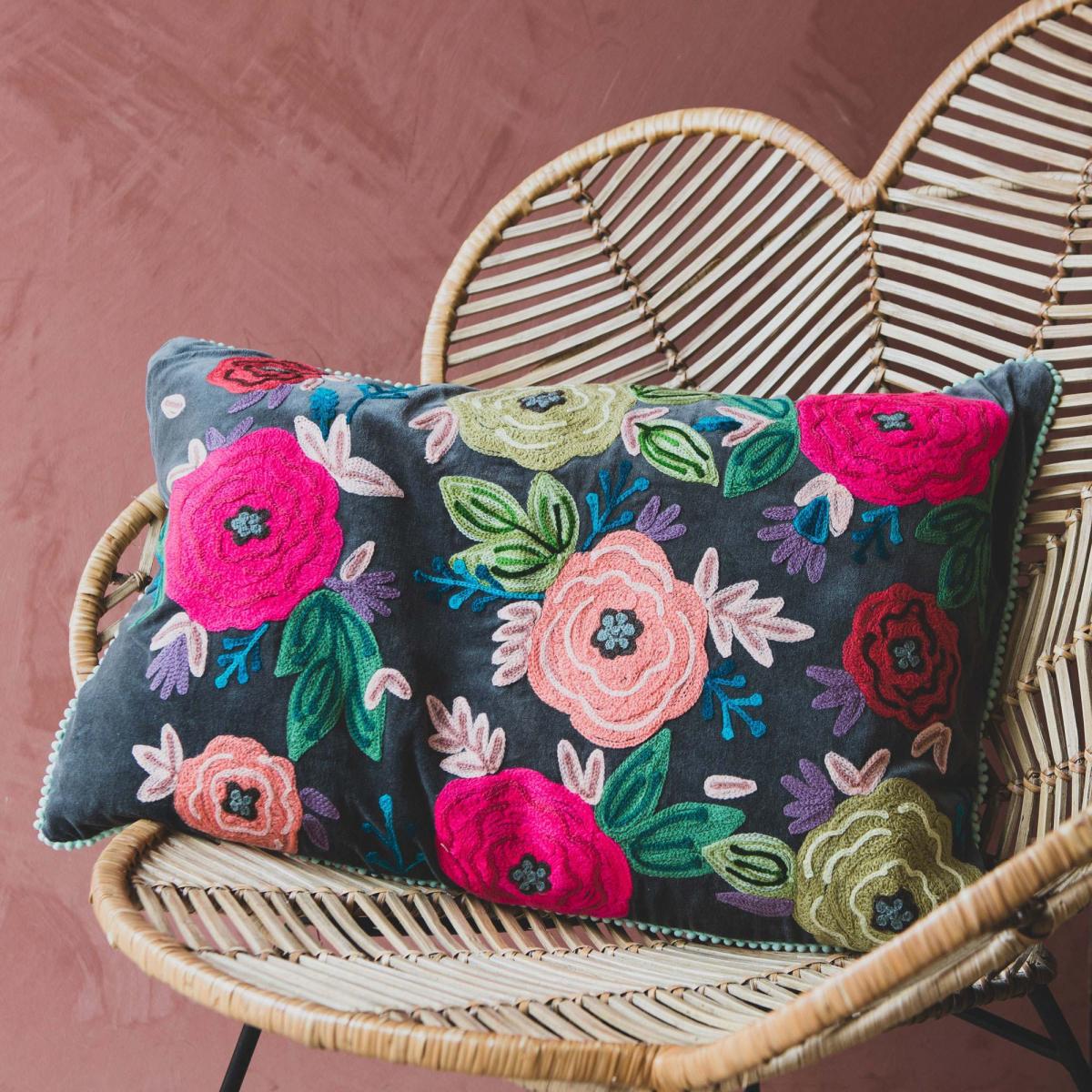 Rectangular Floral Embroidered Velvet Cushion – image 1