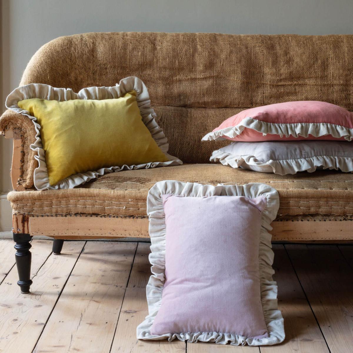Graham and Green Rectangular Seal Velvet and Linen Frilled Cushion