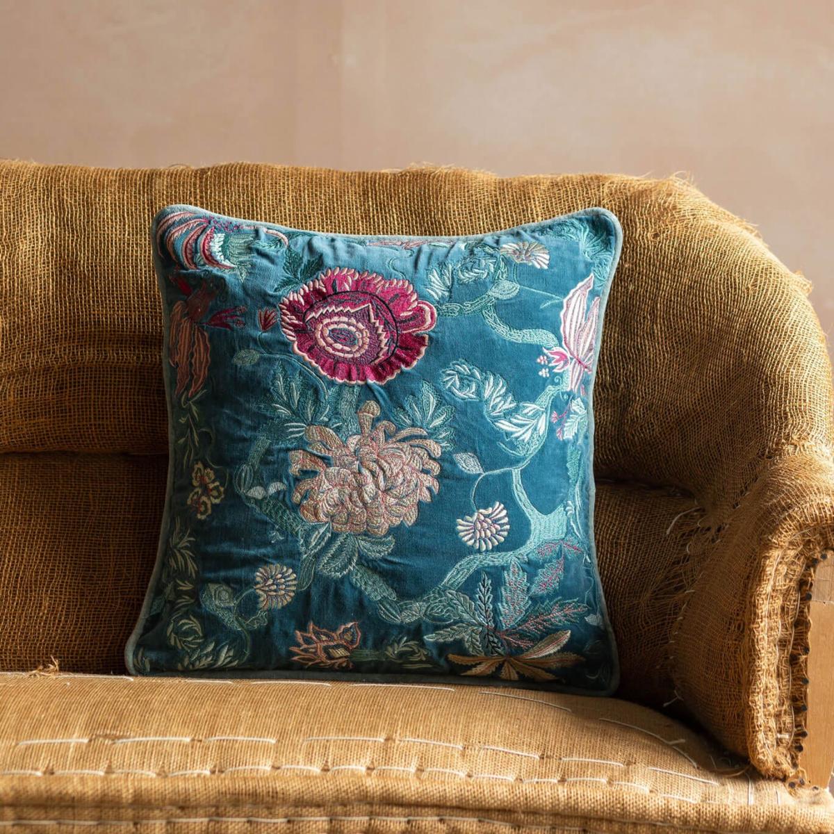Graham and Green Rosalind Embroidered Teal Velvet Square Cushion – image 2