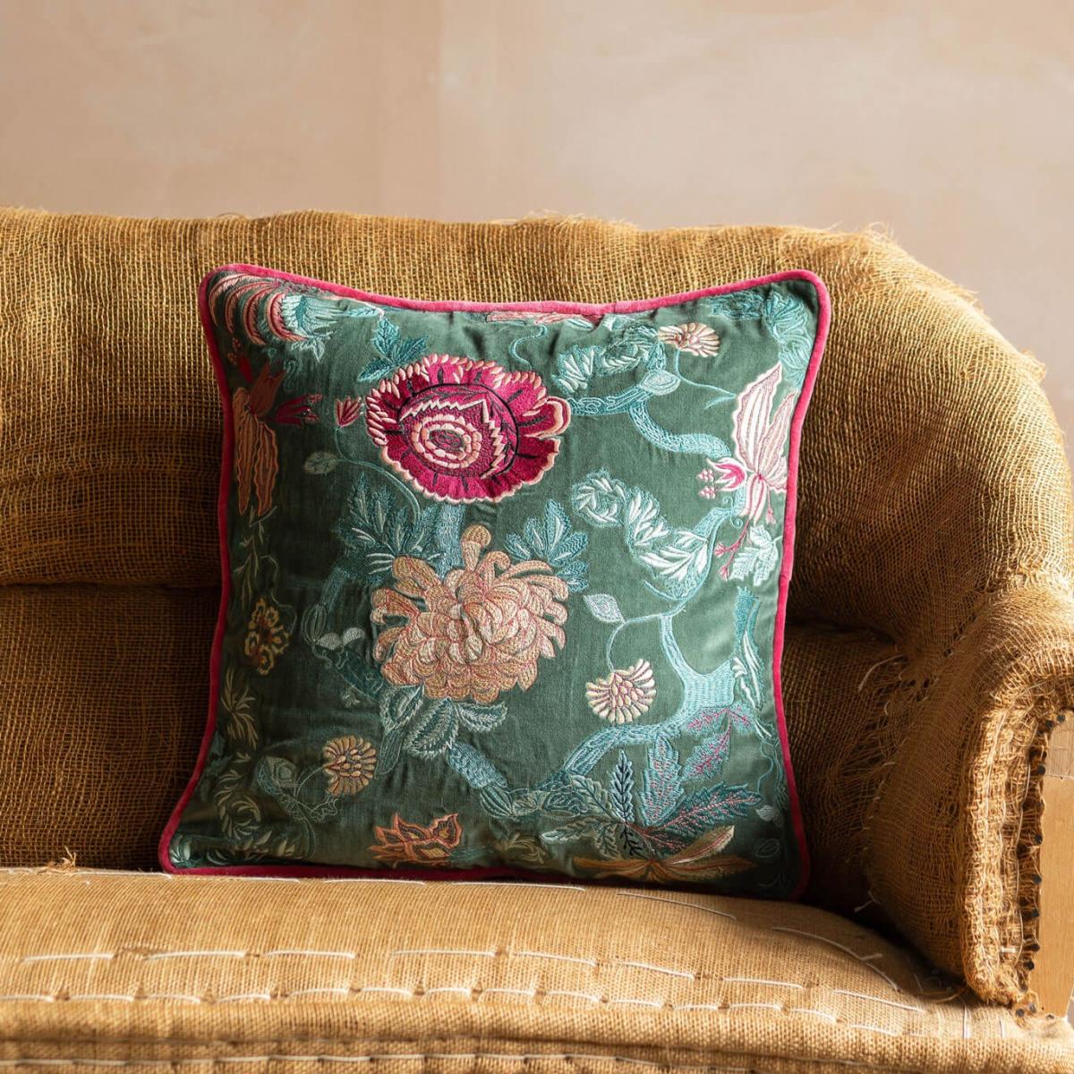 Graham and Green Rosalind Embroidered Teal Velvet Square Cushion – image 3
