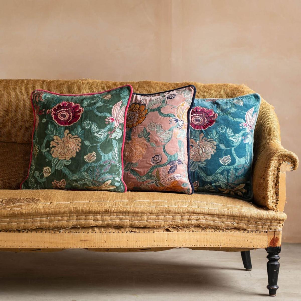 Graham and Green Rosalind Embroidered Teal Velvet Square Cushion – image 1