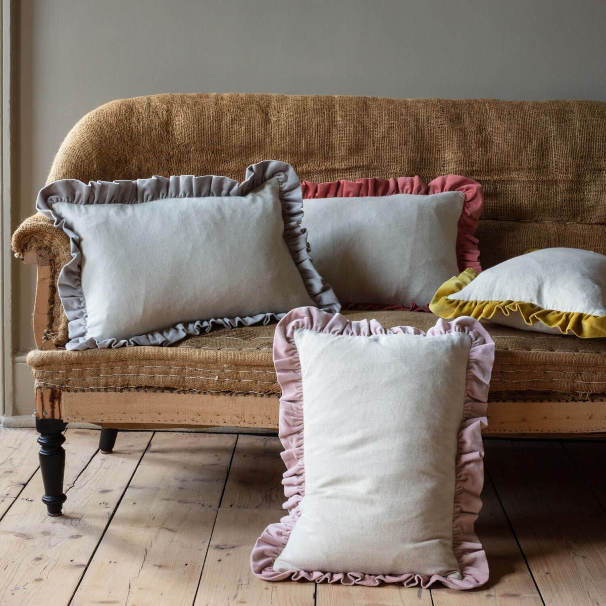 Graham and Green Rectangle Linen and Dusty Rose Velvet Frilled Cushion