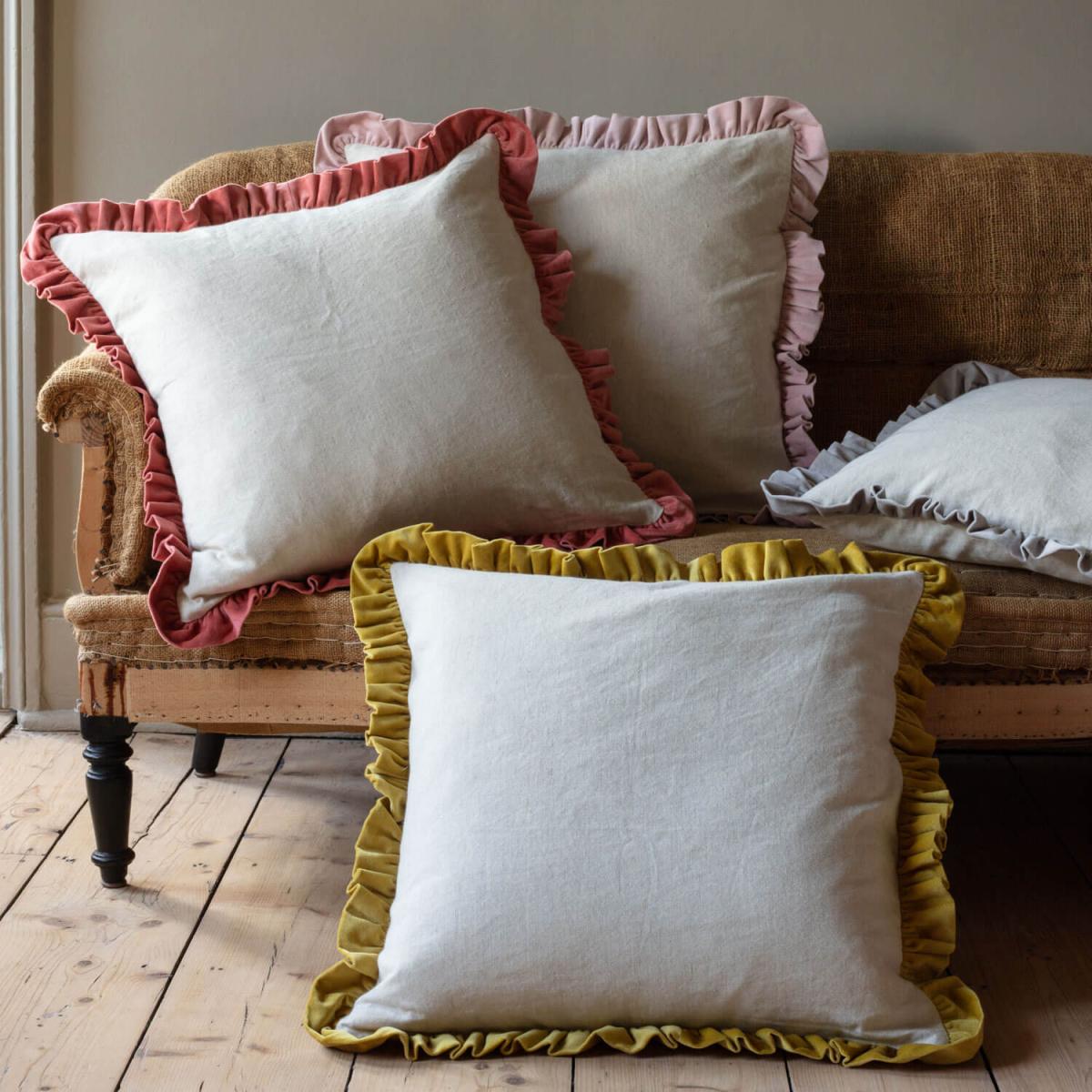 Graham and Green Large Linen and Dusty Rose Velvet Frilled Cushion