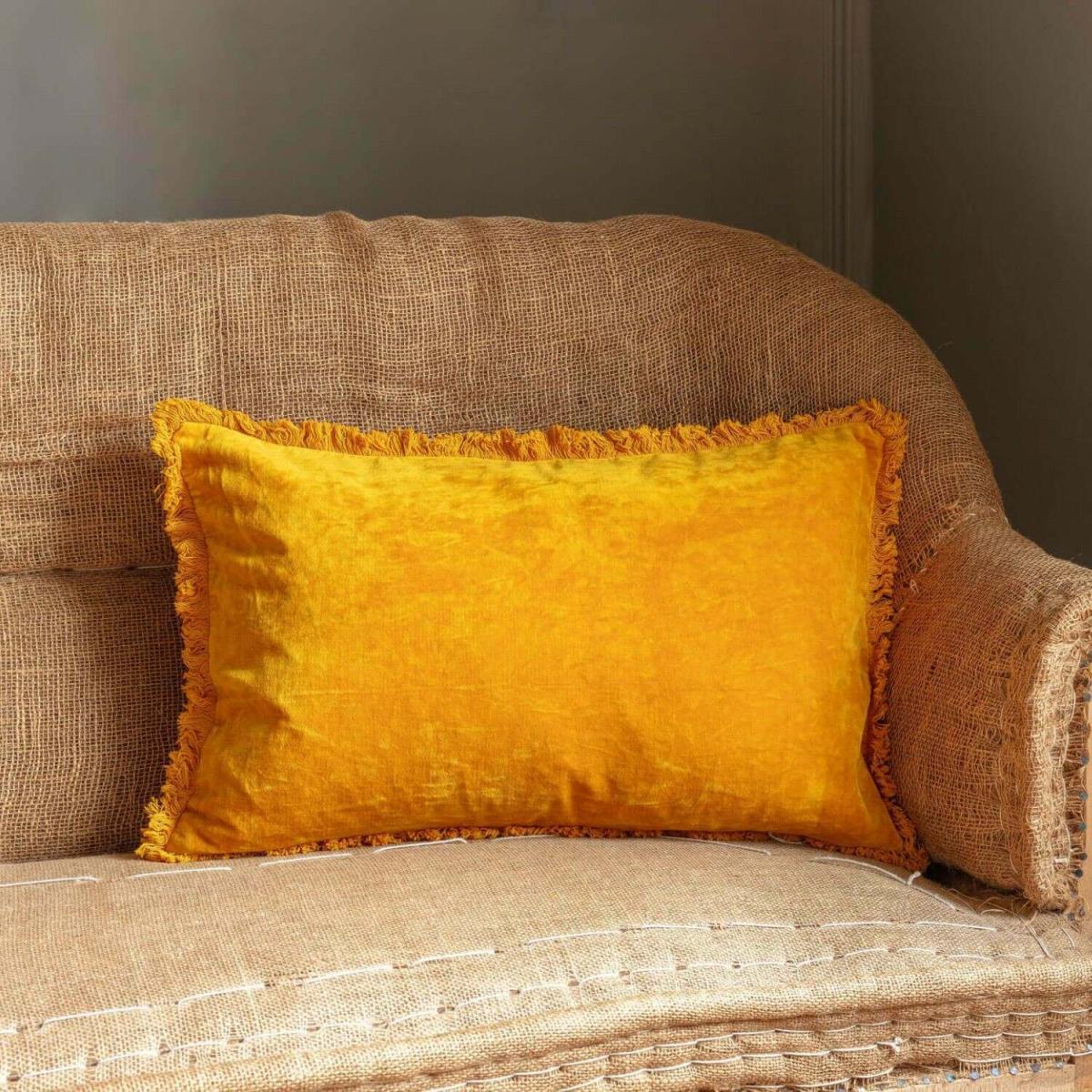 Graham and Green Rectangular Mustard Yellow Stonewashed Velvet Cushion – image 4