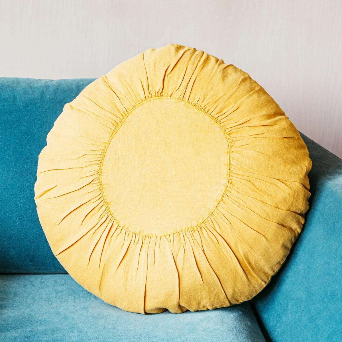 Large Sunflower Round Linen Cushion – image 1