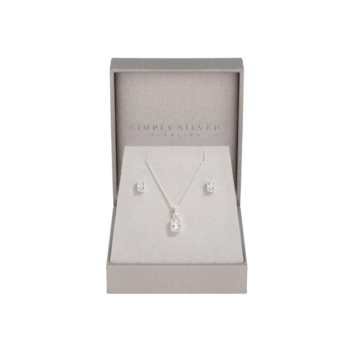 Simply Silver Cubic Zirconia Cushion Earrings & Necklace Set, Silver – image 1