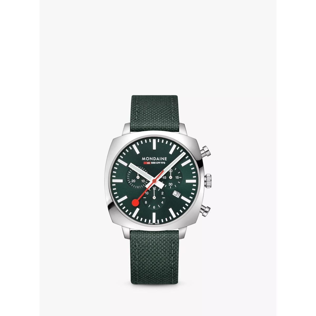 Mondaine MSL.41460.LF.SET Men's Grand Cushion Date Chronograph Fabric Strap Watch, Green – image 2