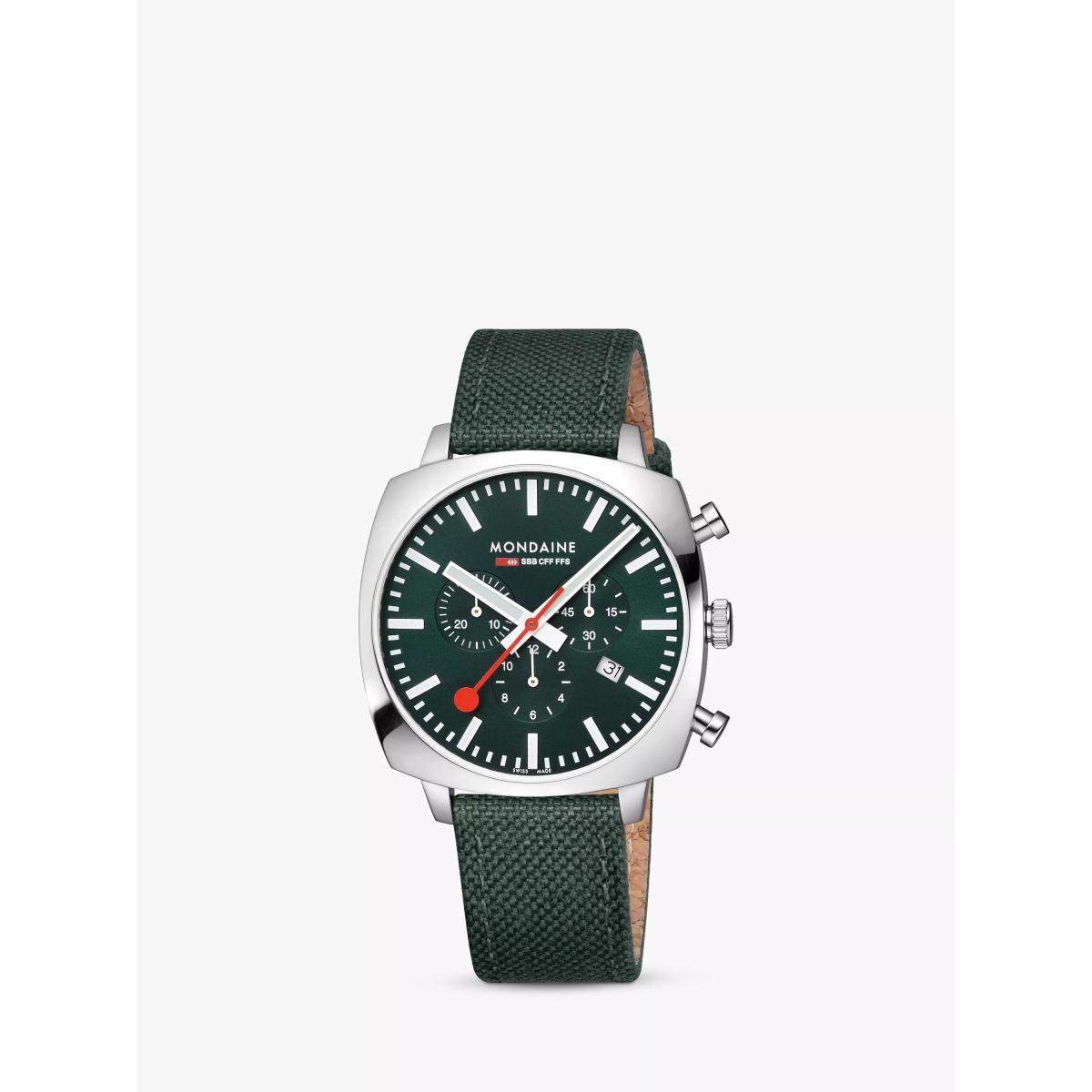 Mondaine MSL.41460.LF.SET Men's Grand Cushion Date Chronograph Fabric Strap Watch, Green – image 3