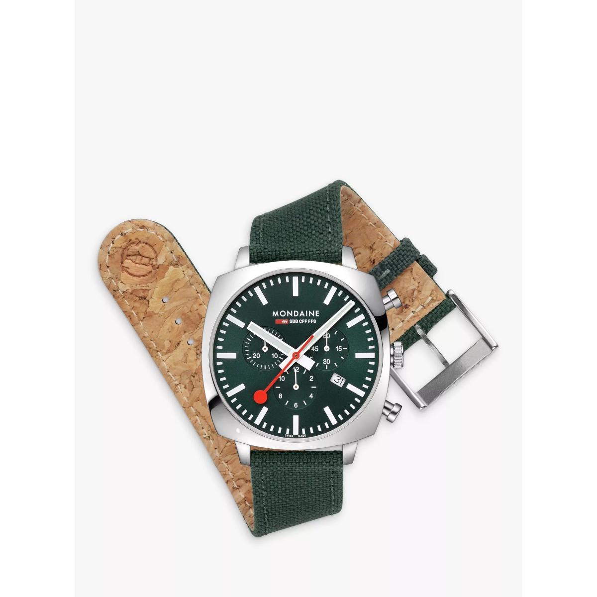 Mondaine MSL.41460.LF.SET Men's Grand Cushion Date Chronograph Fabric Strap Watch, Green – image 6
