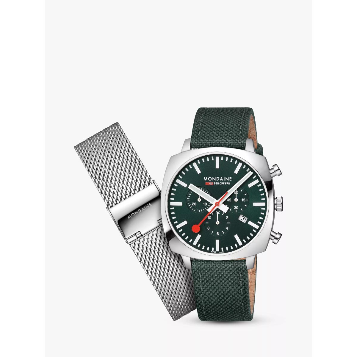 Mondaine MSL.41460.LF.SET Men's Grand Cushion Date Chronograph Fabric Strap Watch, Green – image 7